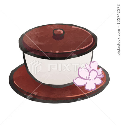 Sakura tea and teacups - A Japanese-style illustration of a spring celebration 135742578