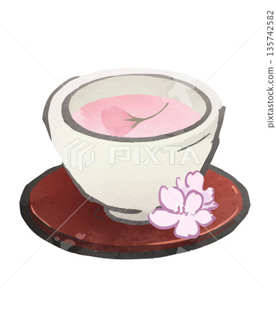 Sakura tea and teacups - A Japanese-style illustration of a spring celebration Sakura tea and teacups - A Japanese-style illustration of a spring celebration 135742582