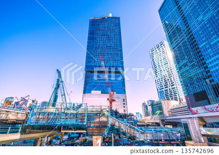 Tokyo cityscape, Japan, January 23rd. Plans for new construction above the west exit of Shibuya Station... Roppongi and Azabudai are in the far right... A ray of hope for a new era. 135742696