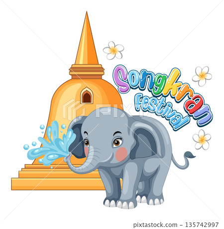 Cartoon Elephant Spraying Water for Songkran Festival Celebration Vector Illustration 135742997