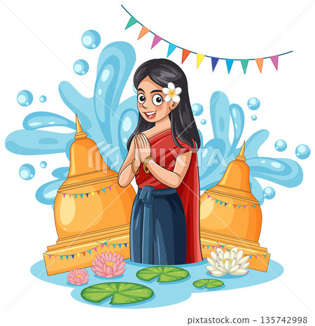 Thai Woman in Traditional Dress Celebrating Songkran Festival with Water Splashes 135742998