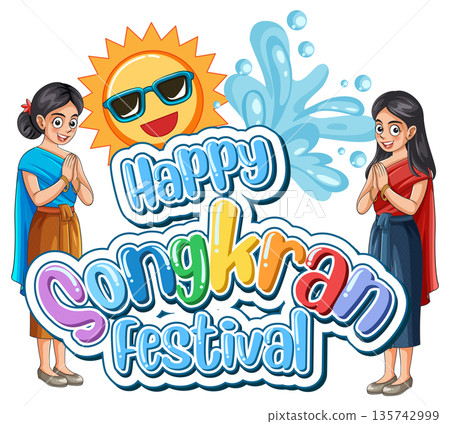 Happy Songkran Festival Vector Illustration with Thai Women and Sun 135742999