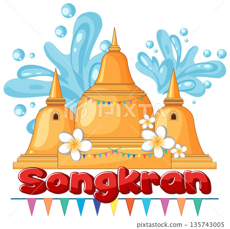 Songkran Festival Vector Illustration with Golden Pagodas and Water Splashes 135743005
