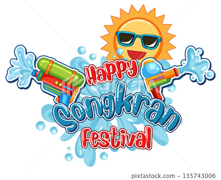 Happy Songkran Festival Vector Illustration with Water Guns and Sun 135743006