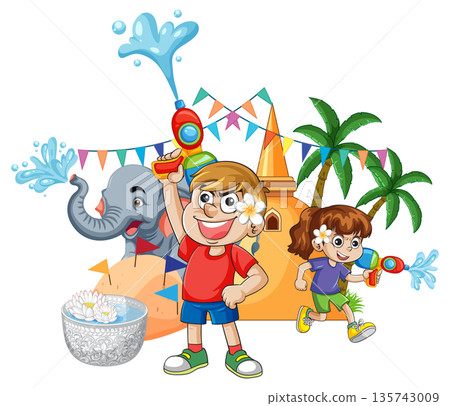 Children Celebrating Songkran Festival with Water Guns and Elephant Illustration 135743009