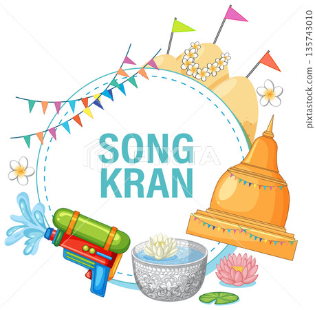 Songkran Festival Vector Illustration with Water Gun and Sand Pagoda 135743010