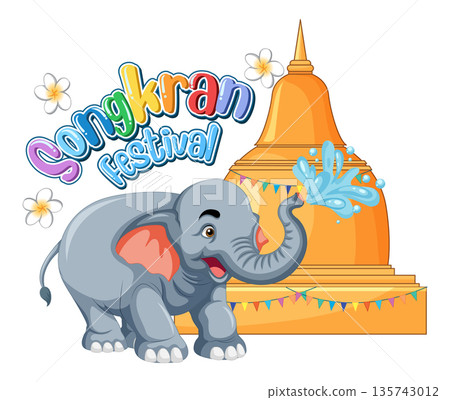 Cartoon Elephant Spraying Water During Songkran Festival Celebration Vector 135743012