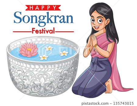 Thai Woman in Traditional Dress Celebrating Happy Songkran Festival Illustration Thai Woman in Traditional Dress Celebrating Happy Songkran Festival Illustration 135743015