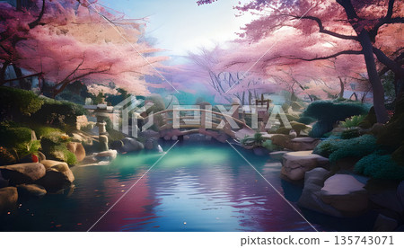 日本庭園景色，櫻花倒映在水面上，拱橋橫跨其間。 135743071