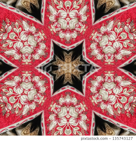 Mixed embroidery style design that combines traditional needlework from India, Pakistan, Turkey, Iran, and Africa, blending intricate stitches and cultural motifs into a unified textile design 135743127