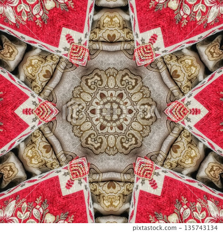 Mixed embroidery style design that combines traditional needlework from India, Pakistan, Turkey, Iran, and Africa, blending intricate stitches and cultural motifs into a unified textile design 135743134