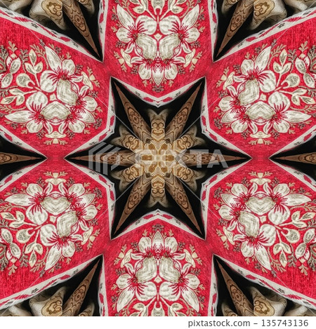 Mixed embroidery style design that combines traditional needlework from India, Pakistan, Turkey, Iran, and Africa, blending intricate stitches and cultural motifs into a unified textile design 135743136