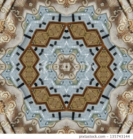 Mixed embroidery style design that combines traditional needlework from India, Pakistan, Turkey, Iran, and Africa, blending intricate stitches and cultural motifs into a unified textile design 135743144