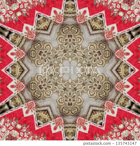 Mixed embroidery style design that combines traditional needlework from India, Pakistan, Turkey, Iran, and Africa, blending intricate stitches and cultural motifs into a unified textile design 135743147