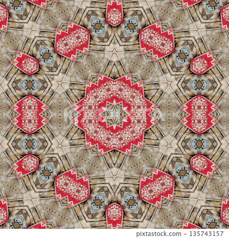 Mixed embroidery style design that combines traditional needlework from India, Pakistan, Turkey, Iran, and Africa, blending intricate stitches and cultural motifs into a unified textile design 135743157