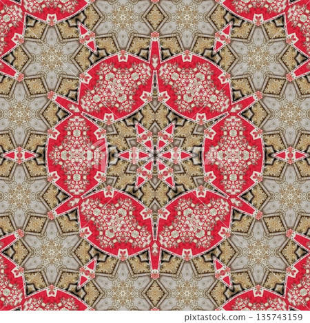 Mixed embroidery style design that combines traditional needlework from India, Pakistan, Turkey, Iran, and Africa, blending intricate stitches and cultural motifs into a unified textile design 135743159