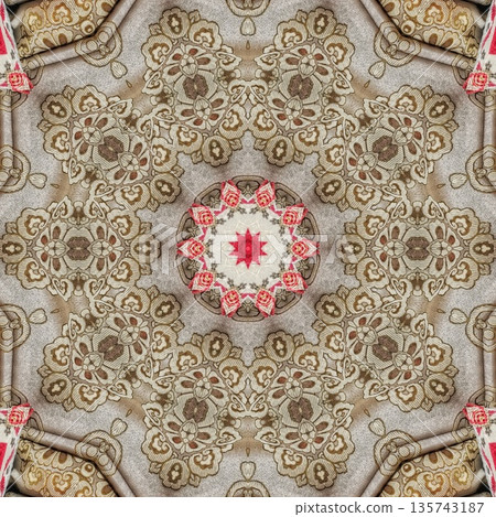 Mixed embroidery style design that combines traditional needlework from India, Pakistan, Turkey, Iran, and Africa, blending intricate stitches and cultural motifs into a unified textile design 135743187