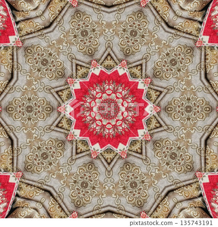 Mixed embroidery style design that combines traditional needlework from India, Pakistan, Turkey, Iran, and Africa, blending intricate stitches and cultural motifs into a unified textile design 135743191