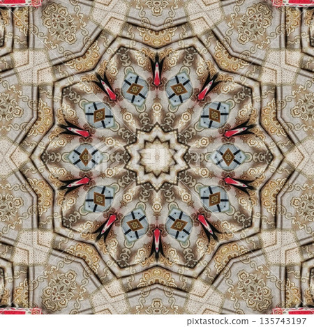 Mixed embroidery style design that combines traditional needlework from India, Pakistan, Turkey, Iran, and Africa, blending intricate stitches and cultural motifs into a unified textile design 135743197