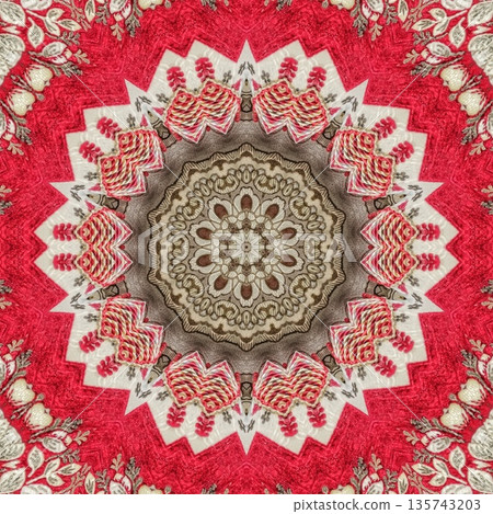 Mixed embroidery style design that combines traditional needlework from India, Pakistan, Turkey, Iran, and Africa, blending intricate stitches and cultural motifs into a unified textile design 135743203