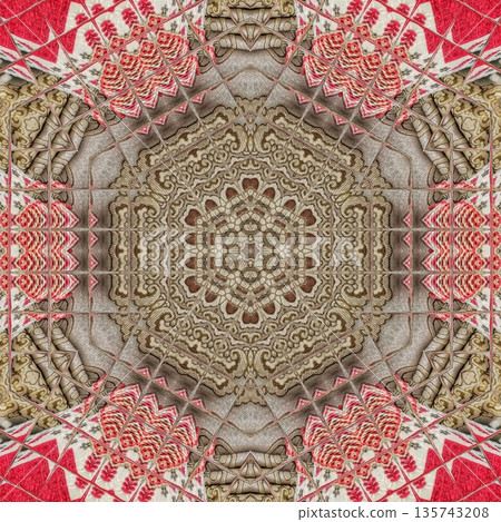 Mixed embroidery style design that combines traditional needlework from India, Pakistan, Turkey, Iran, and Africa, blending intricate stitches and cultural motifs into a unified textile design 135743208