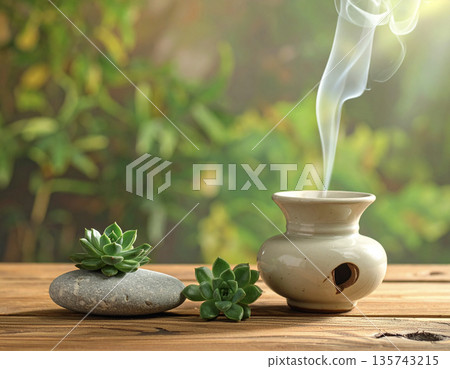 A modern incense burner and succulents placed on a wooden table create a stylish interior background A modern incense burner and succulents placed on a wooden table create a stylish interior background 135743215