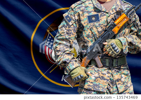 Utah US state flag with soldier holding assault rifle 135743469