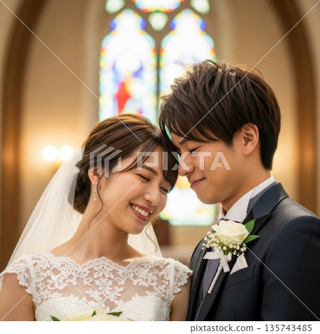 Young bride and groom embracing at wedding venue 135743485