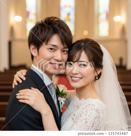 Young bride and groom embracing at wedding venue 135743487