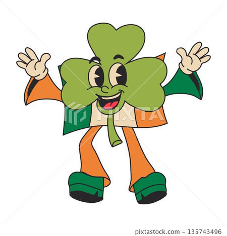 Cheerful Shamrock Character with Irish Flag Colors 135743496