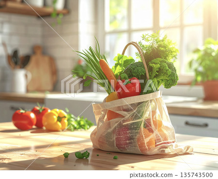 A market-style scene with rows of fresh vegetables that look like they've just been brought home from the market 135743500