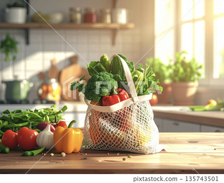 一個類似市場場景的畫面，一排排新鮮蔬菜擺放在那裡，看起來像是剛從市場買回來的。 135743501