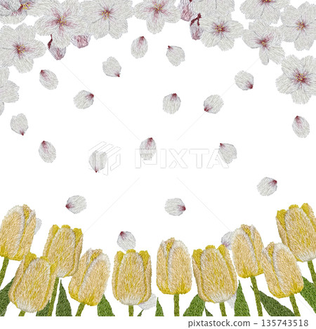 [Cherry Blossom and Yellow Tulip Frame] Hand-embroidered illustration material 135743518