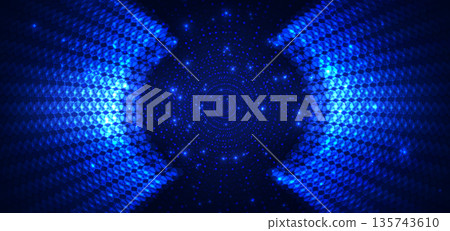 Abstract blue dotted glowing circles on dark background. Abstract blue dotted glowing circles on dark background. 135743610