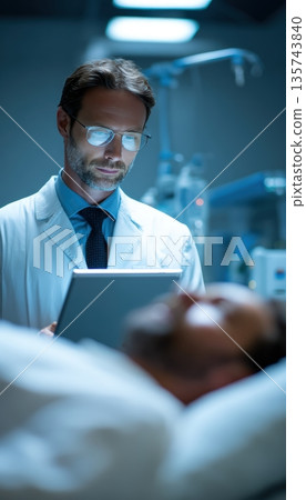 Clinician Reviewing Tablet in Modern Medical Setting with Patient in Background 135743840