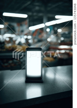 Close-up of Smartphone with Glowing Screen on Supermarket Counter Close-up of Smartphone with Glowing Screen on Supermarket Counter 135743848