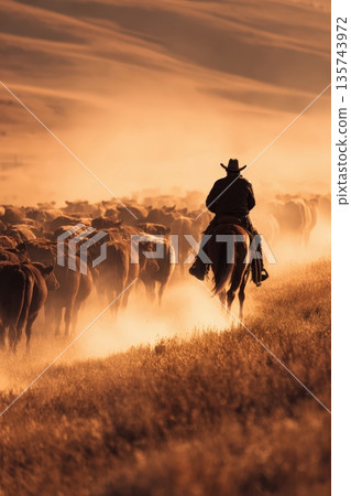 Cowboy Riding Horseback with Cattle on Golden Prairie in Cinematic Western Style 135743972