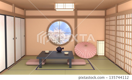 Bright spring interior of a Japanese-style room with a view of cherry blossoms Bright spring interior of a Japanese-style room with a view of cherry blossoms 135744112