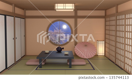A quiet spring scene in a Japanese-style room with a view of cherry blossoms at night A quiet spring scene in a Japanese-style room with a view of cherry blossoms at night 135744113