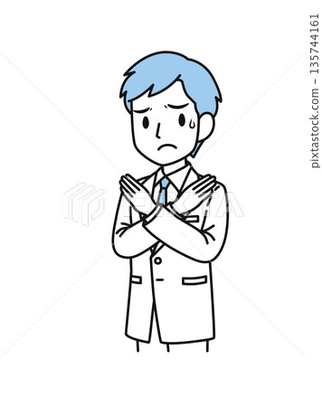 插畫素材:一位身穿白大褂的男性醫護人員擺出十字手勢 插畫素材:一位身穿白大褂的男性醫護人員擺出十字手勢 135744161
