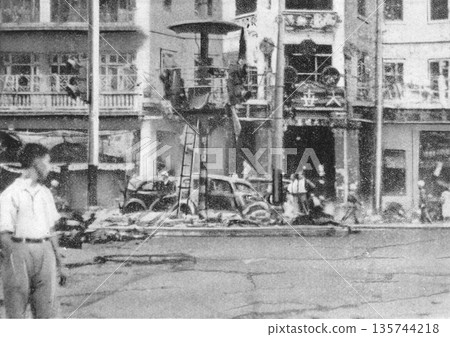 Old photo from 1937, Shanghai during the Sino-Japanese War, showing the destruction caused by bombing of the Shanghai New World 135744218