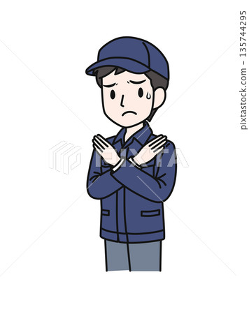 插畫素材:一名身穿工作服、頭戴帽子的男子擺出十字手勢 插畫素材:一名身穿工作服、頭戴帽子的男子擺出十字手勢 135744295