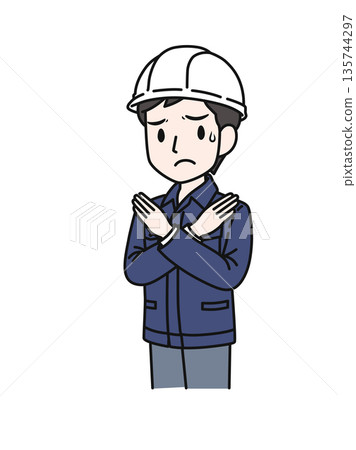 插畫素材：一名身穿工作服、頭戴安全帽的男子擺出十字手勢 135744297