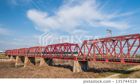 Keihan Main Line Ujigawa Railway Bridge spanning the Uji River, Yawata City, Kyoto Prefecture Keihan Main Line Ujigawa Railway Bridge spanning the Uji River, Yawata City, Kyoto Prefecture 135744319
