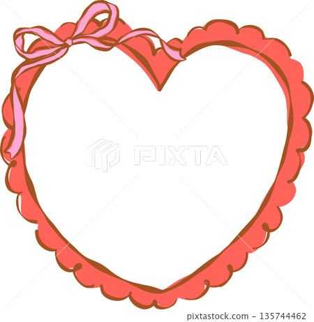 Red Heart Shaped Frame with Pink Bow Whimsical Hand Drawn 135744462
