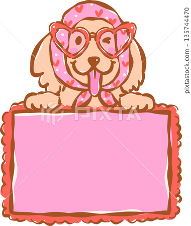 Whimsical golden retriever valentine dog  With Heart Shaped Glasses Holding Sign hand drawn 135744470