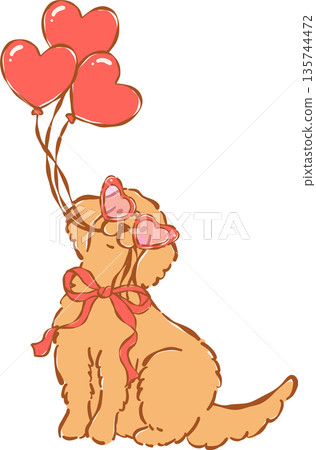 Whimsical Golden Retriever Valentine Dog Puppy With Heart Balloons And Sunglasses Hand Drawn 135744472