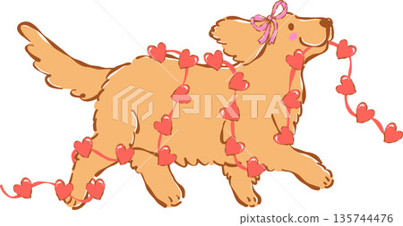Whimsical Golden Retriever Valentine Dog With Heart Garland Illustration Hand Drawn 135744476