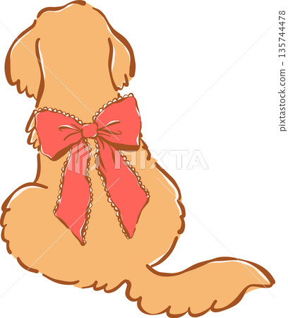 Whimsical Golden Retriever Valentine Dog  Back with Red Bow Illustration Hand Drawn 135744478