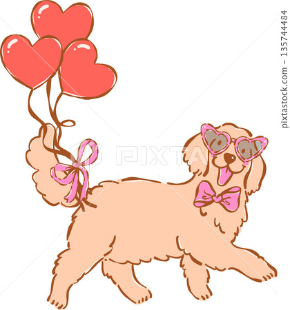 Whimsical Golden Retriever Valentine Dog Wearing Heart Glasses Holding Balloons Hand Drawn 135744484